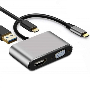 هاب 4 پورت تایپ سی مدل Type-C To HDMI/VGA/PD/USB HT-C04-1 (کالای نو با بسته بندی آسیب دیده)