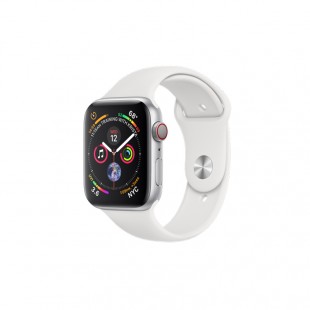 اپل واچ سری 5 سلولار با بدنه آلومینیوم نقره ای و بند اسپورت سفید سیلیکونی 44 میلی متر