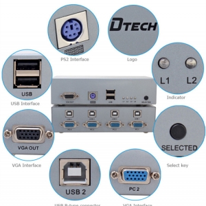 سوئیچ کی وی ام 4 به 1 دیتک  DTECH DT-7017 KVM Switch 4X1