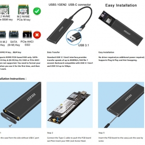 باکس هارد ایزی کست   M.2 NVME SSD Enclosure Adapter  USB C Support UASP for NVME SSD Size 2230/2242/2260/2280 black