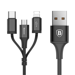 کابل شارژ 3 سر میکرو , لایتنینگ و تایپ سی باسئوس Baseus Excellent Three-in-one Cable USB For Micro/Lightning/Type-C 2A 1.2M Black