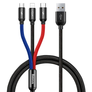 کابل شارژ 3 سر میکرو , لایتنینگ و تایپ سی باسئوس Baseus Three Primary Colors 3-in-1 Cable USB For M+L+T 3.5A 1.2M Black