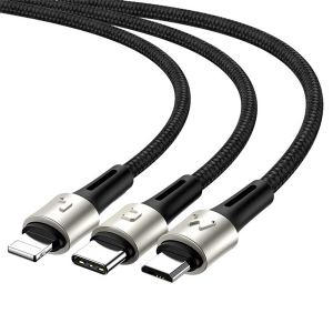 کابل شارژ 3 سر میکرو , لایتنینگ و تایپ سی باسئوس Baseus Golden Loop Three-in-One Elastic Data Cable USB for M+L+T 3.5A 1.2m Black