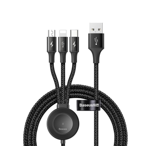 کابل شارژ 3 سر میکرو , لایتنینگ و تایپ سی همراه با داک وایرلس شارژ  باسئوس Baseus Star Ring Series Four-in-one Wireless Charging Cable USB For+M+L+T+iWatch 1.2m Deep gray