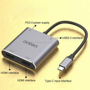 مبدل USB-C به HDMI اونتن مدل Onten 4 in 1 USB-C / Type-C to Dual HDMI + USB 3.0 4K HD Video Converter ONT-9175K