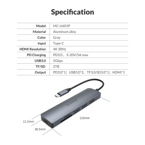 خرید هاب 6 پورت تایپ سی اوریکو مدل MC-U601P