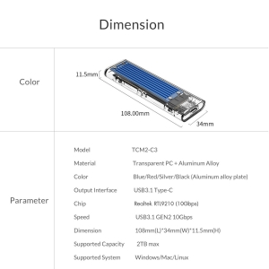 ORICO TCM2-C3 NVMe M.2 SSD Enclosure - BLACK