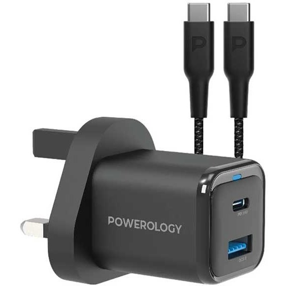 آداپتور شارژ 2 پورت 35 وات با کابل دو سر تایپ سی پاورولوژی Powerology Super Compact Quick Charger PWCUQC023-C