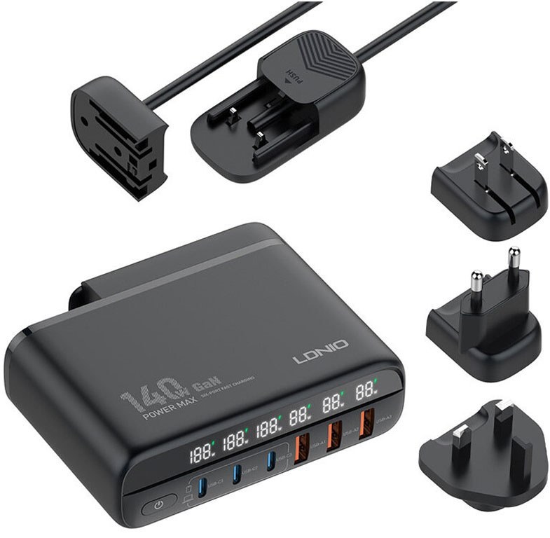 شارژر دیواری سوپر فست شارژ تایپ سی و یو اس بی 140 وات الدینیو LDNIO A6140C 140W GaN Super Fast Desktop Charger