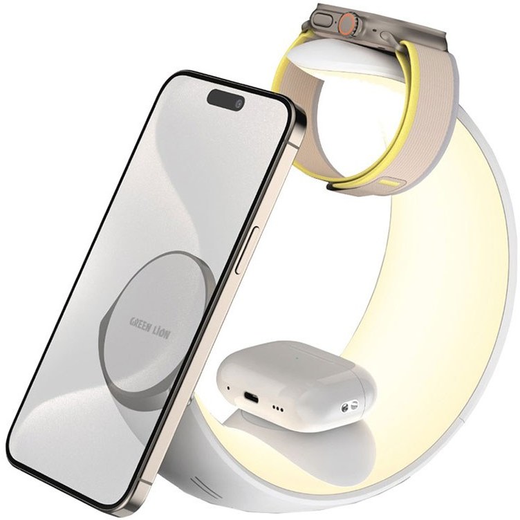 شارژر وایرلس و چراغ مهتابی 4 کاره گرین لاین Green Lion Moon Charge 4 in 1 Wireless Charger GNMONCHSWH