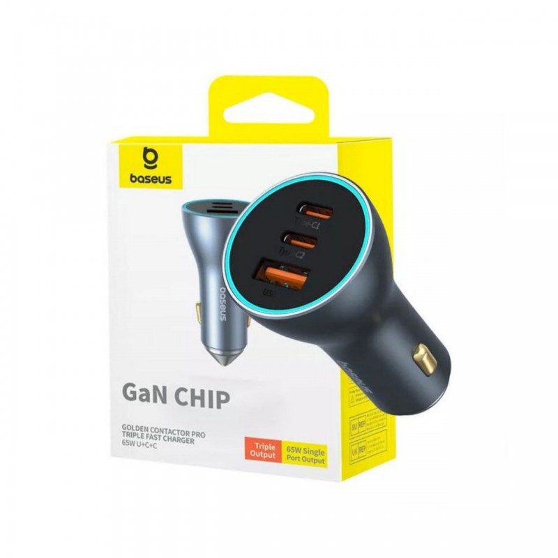 شارژر فندکی 65 وات 3 پورت بیسوس Baseus 65W Golden Contactor Pro Gan Chip CCJDZ65-UCC
