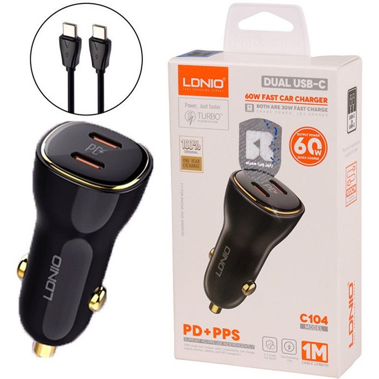 شارژر فندکی 60 وات با کابل همراه الدینیو LDNIO Car Charger C104