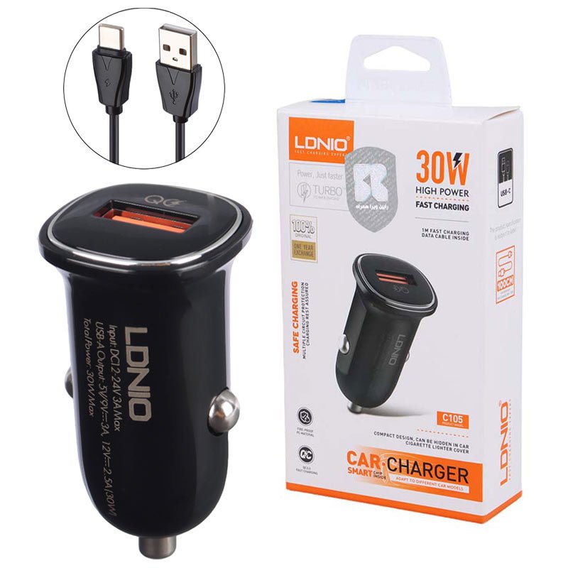 شارژر فندکی 30 وات فست شارژ همراه با کابل الدینیو LDNIO Fast Charging Car Charger C105