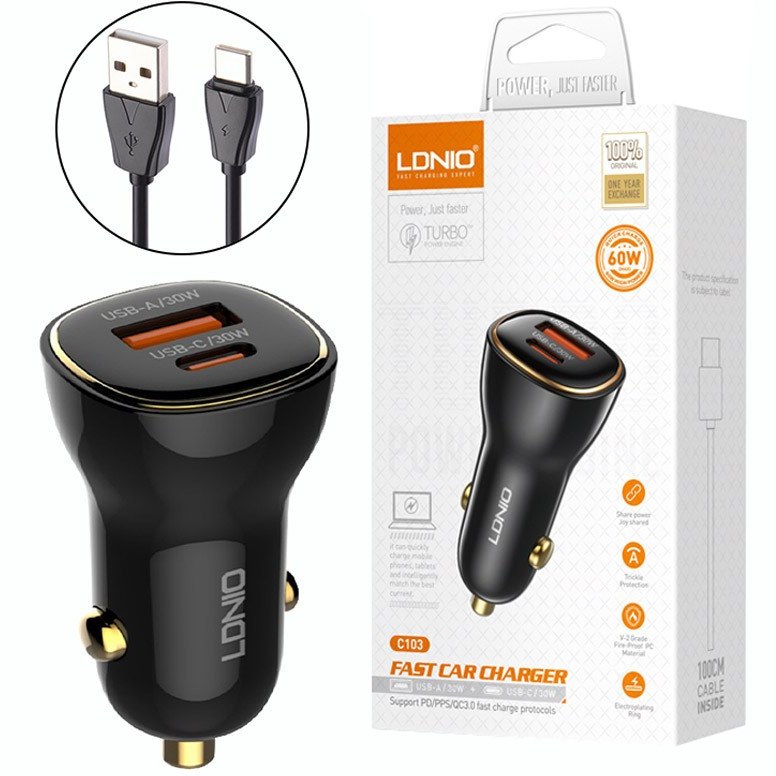 شارژ فندکی 2 پورت 60 وات همراه با کابل الدینیو LDNIO Fast Car Charger C103