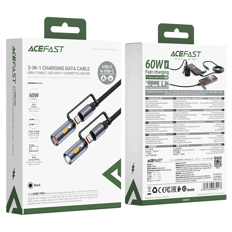 کابل Type-C به Type-C چندکاره ایس فست ACEFAST J4 Acewire Pro طول 1.2 متر توان 60 وات