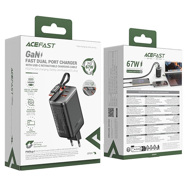 شارژر دیواری ایس فست ACEFAST A111 PD67W Fast Charger توان 67 وات همراه با کابل جمع شونده