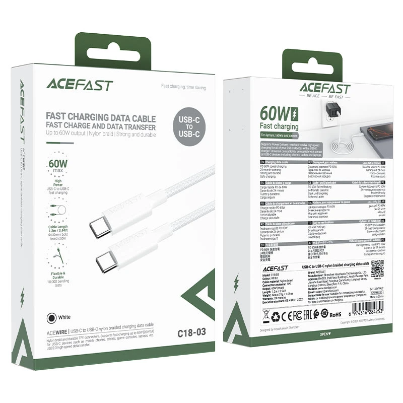 کابل Type-C به Type-C ایس فست ACEFAST C18-03 طول 1.2 متر توان 60 وات
