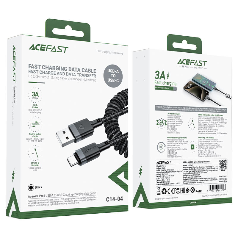 کابل Type-C فنری ایس فست ACEFAST C14-04 طول 1.2 متر توان 15 وات