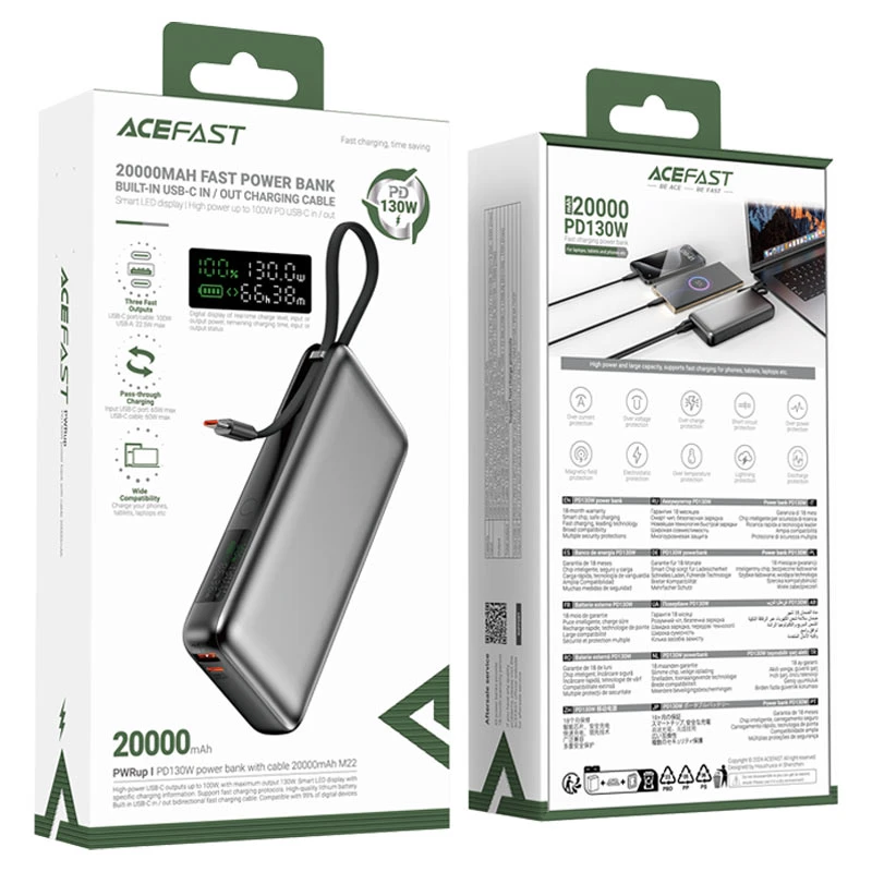پاوربانک 20000 ایس فست ACEFAST M22 PD130W GaN Fast Charger توان 130 وات همراه با کابل متصل