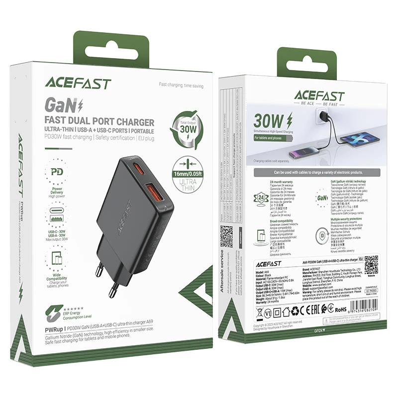 شارژر دیواری ایس فست ACEFAST A69 PD30W GaN Fast Charger توان 30 وات