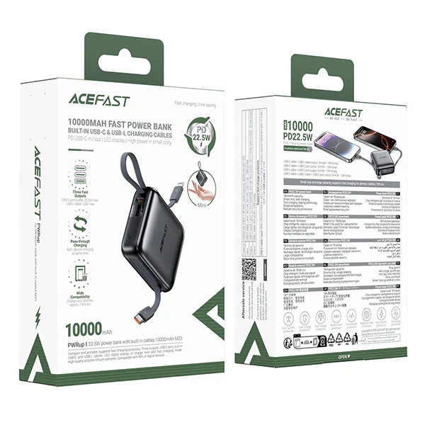 پاوربانک 10000 ایس فست ACEFAST M23 PD22.5W GaN Fast Charger توان 22.5 وات همراه با کابل متصل