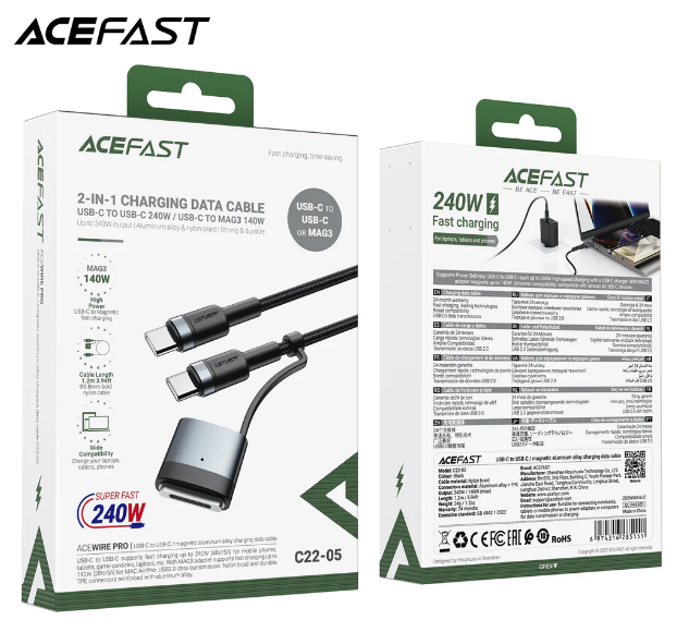 کابل Type-C به Type-C و MAG3 ایس فست ACEFAST C22-05 طول 1.2 متر توان 240 وات