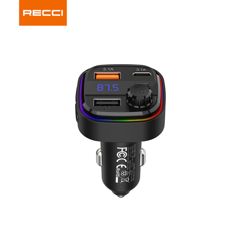 شارژر فندکی تایپ سی و یو اس بی 30 وات و گیرنده بلوتوثی RQ08 رسی (RECCI RQ08 15W+15W MULTI-FUNCTIONAL WITH FM CAR CHARGER)