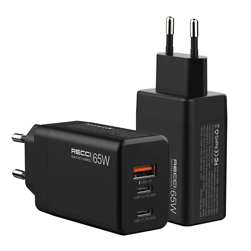 شارژر دیواری یو اس بی و تایپ سی 65 وات RC56E رسی (Recci RC56E EU 65W GaN Charger)