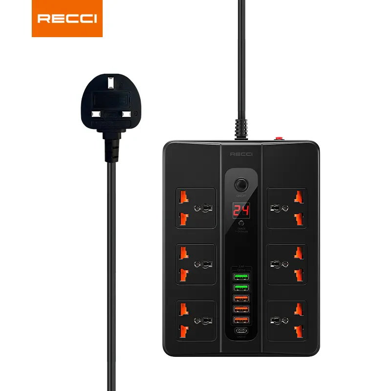 چند راهی برق تایمردار 6 پورت 2500 وات RC07 رسی (Recci RC07 2500W Power Socket 6 Universal Sockets 6 USB Ports)