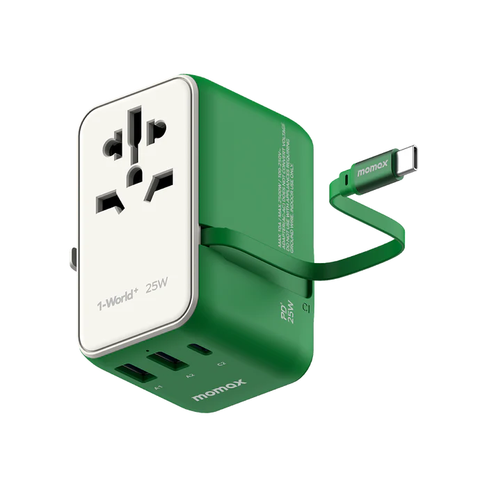 شارژر مسافرتی 3 پورت 1-World+ | 3-Ports Travel Charger | Built-In USB-C Cable (25W) مومکس (momax)