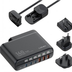 شارژر دیواری سوپر فست شارژ تایپ سی و یو اس بی 140 وات الدینیو LDNIO A6140C 140W GaN Super Fast Desktop Charger
