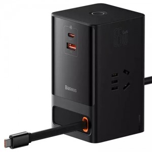 شارژر رومیزی و آداپتور برق سوپر فست شارژ 65 وات با کابل تایپ سی جمع شونده بیسوس Baseus Gan5 Pro Digital Power Strip PSLR000001