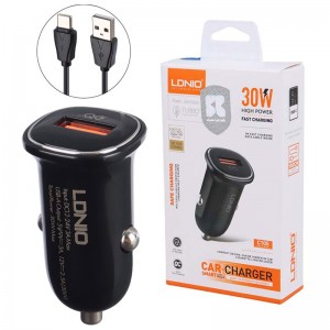 شارژر فندکی 30 وات فست شارژ همراه با کابل الدینیو LDNIO Fast Charging Car Charger C105