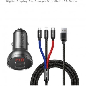 شارژر فندکی دوپورت همراه با کابل سه سر بیسوس Baseus Car Charger Suit Digital Display 4.8A TZCCBX-0G