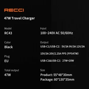 شارژر دیواری RC43 رسی 47 وات (Recci RC43 GaN Portable Dual Port USB Cube Power Adapter Charger 47W)