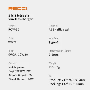 شارژر بی سیم RCW-36 رسی (Recci 3 in 1 Foldable Wireless Charger RCW-36)