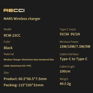 شارژر بی سیم RCW-23CC رسی (Recci RCW-23CC MARS Magnetic suction Wireless Charger science fiction mechanical design Transparent tempered glass panel Type-C)