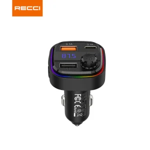 شارژر فندکی تایپ سی و یو اس بی 30 وات و گیرنده بلوتوثی RQ08 رسی (RECCI RQ08 15W+15W MULTI-FUNCTIONAL WITH FM CAR CHARGER)