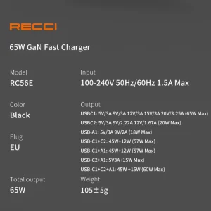 شارژر دیواری یو اس بی و تایپ سی 65 وات RC56E رسی (Recci RC56E EU 65W GaN Charger)