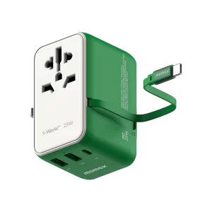 شارژر مسافرتی 3 پورت 1-World+ | 3-Ports Travel Charger | Built-In USB-C Cable (25W) مومکس (momax)