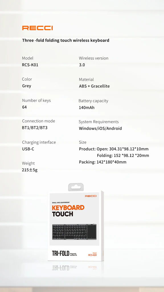 کیبورد بلوتوثی لمسی تاشو RCS-K01 رسی (Recci RCS-K01 Triple Folding Touch Bluetooth Keyboard)
