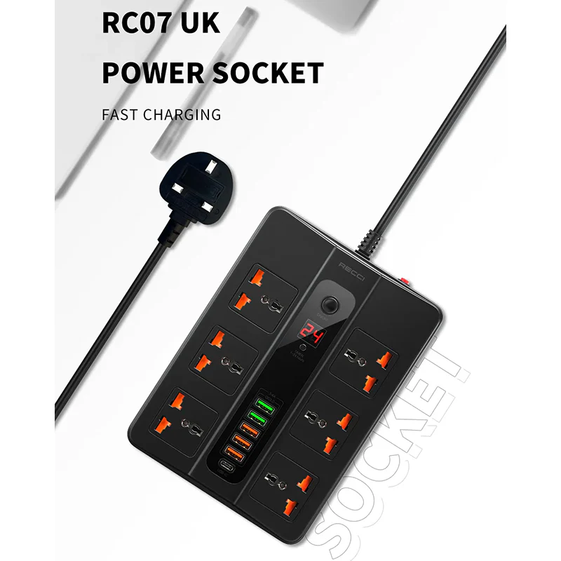 چند راهی برق تایمردار 6 پورت 2500 وات RC07 رسی (Recci RC07 2500W Power Socket 6 Universal Sockets 6 USB Ports)