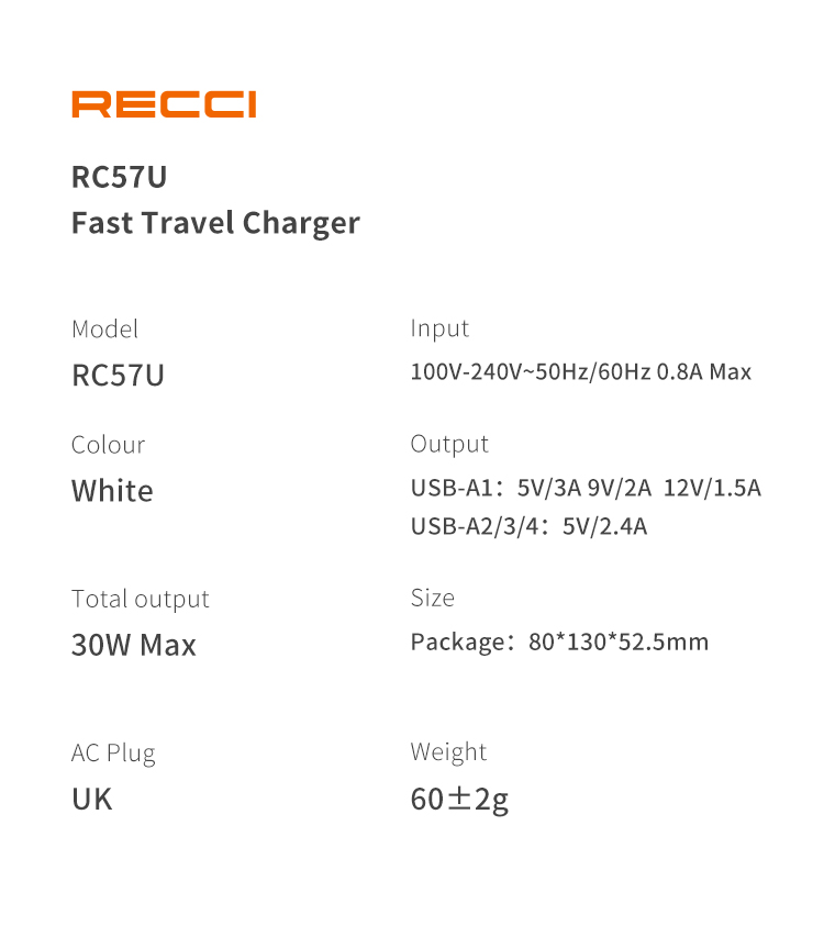 شارژر دیواری 30 وات RC57U رسی (RECCI RC57U 30W 4 USB PORTS CHARGER)