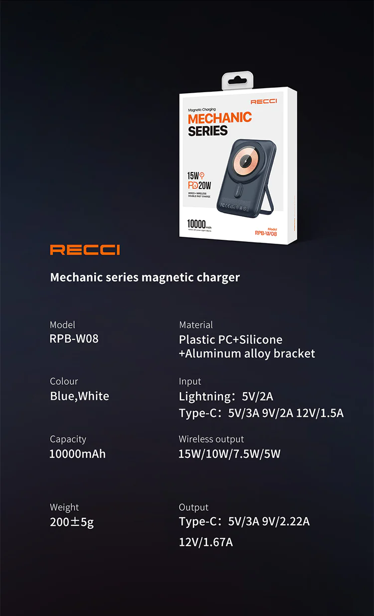 پاوربانک بی سیم رسی مدل RPB-W08 ظرفیت 10000 میلی آمپر ساعت (Recci RPB-W08 Machanic Series Magnetic Charger Power Bank 10000mAh)