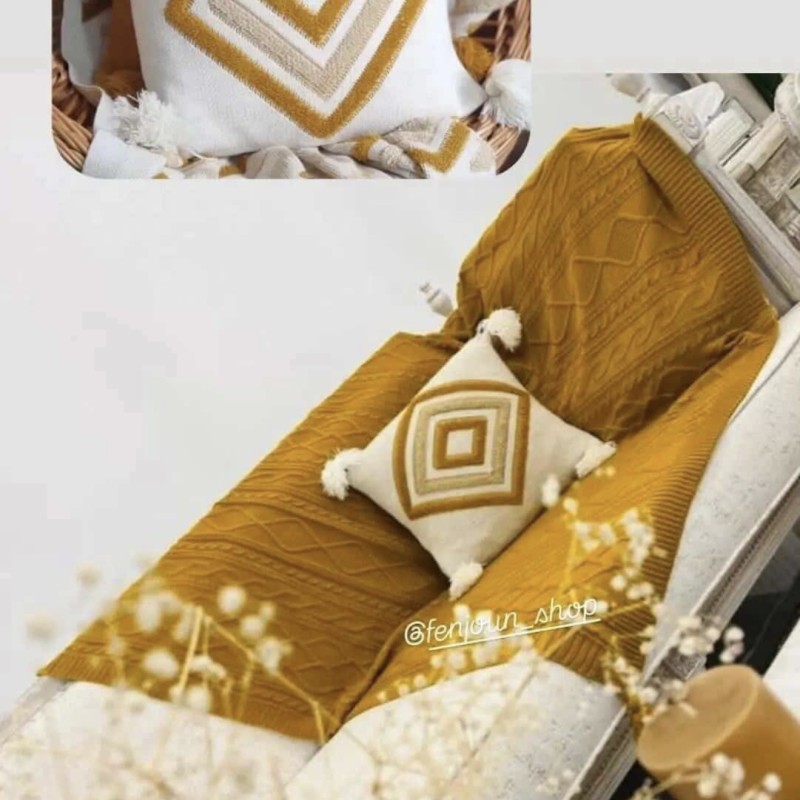 ست شال مبل دیانا خردلی و یک کاور  کوسن پانچ دوزی (رنگ خردلی)
