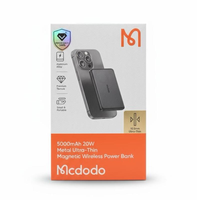 پاوربانک فلزی فوق باریک مک‌دودو مدل ۵۰۰۰ میلی‌آمپر، ۲۰ وات، وایرلس مغناطیسی مناسب آیفون
