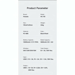 پاوربانک 30 وات مک دودو مدل MC-781 ظرفیت 10000 میلی‌آمپرساعت