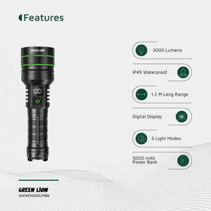چراغ قوه دستی گرین لاین مدل GNHR3000LMBK با نور مهتابی