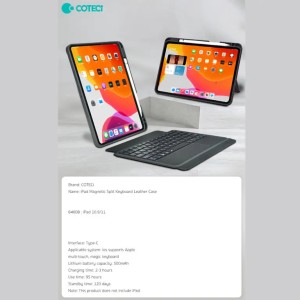 کاور کیبورددار مگنتی آیپد 10.9 و 11 اینچ کوتتسی Coteetci Magnetice Sphit Keyboard Lither Case Ipad 10.9/11 64008