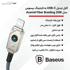 کابل تبدیل USB-C به لایتنینگ بیسوس مدل Aramid Fiber Braiding 20W طول 1 متر